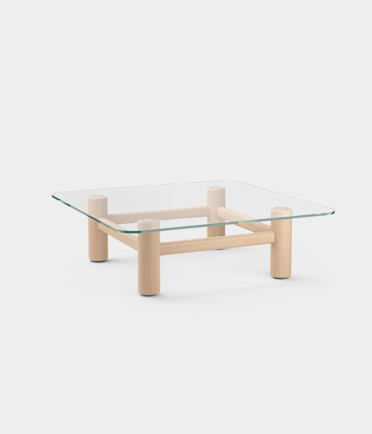 Boundary Couchtisch in Blau von Massproductions mit natürlichen Holzbeinen vor weißem Hintergrund. Der Tisch kombiniert die elegante blaue Oberfläche mit warmen Holzbeinen, die dem modernen Design eine natürliche Note verleihen, während der weiße Hintergrund den minimalistischen Stil unterstreicht.
