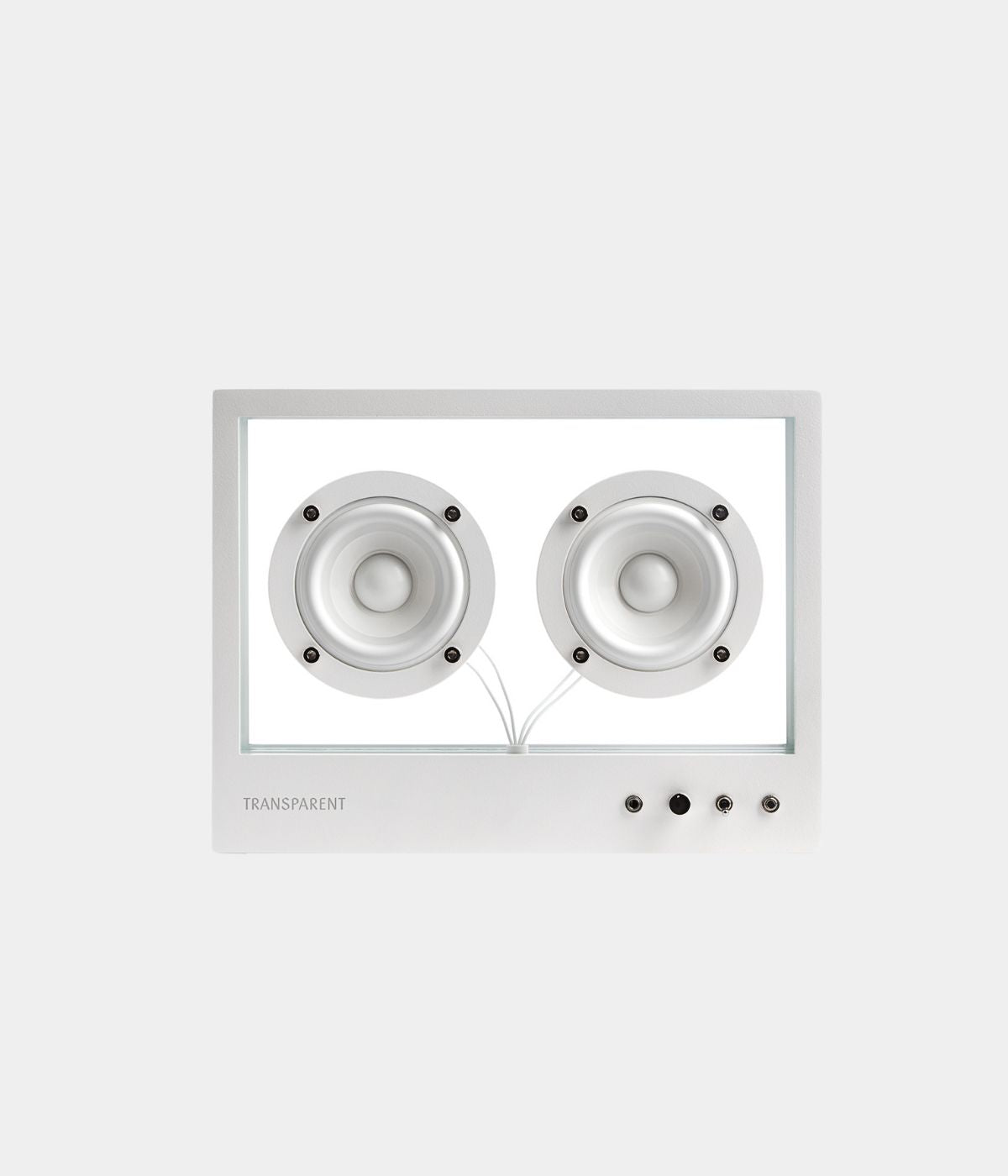 Small Transparent Speaker in der weißen Ausführung, freigestellt vor weißem Hintergrund. Das transparente Gehäuse bleibt weiterhin sichtbar, doch alle Rahmenelemente und technischen Details sind in Weiß gehalten, was dem Lautsprecher ein besonders harmonisches, cleanes Erscheinungsbild verleiht. Die minimalistische Formensprache und die helle Farbgebung wirken modern und unaufdringlich, ideal für helle, puristische Wohnräume oder Arbeitsumgebungen.
