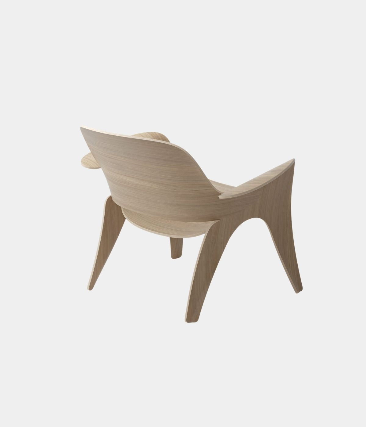 Rose Sessel von Massproductions, seitlich von hinten aufgenommen vor weißem Hintergrund. Die minimalistische Form des Sessels und das schlichte Design werden aus dieser Perspektive deutlich, während die weiche Polsterung und die klaren Linien das moderne Gesamtbild betonen.