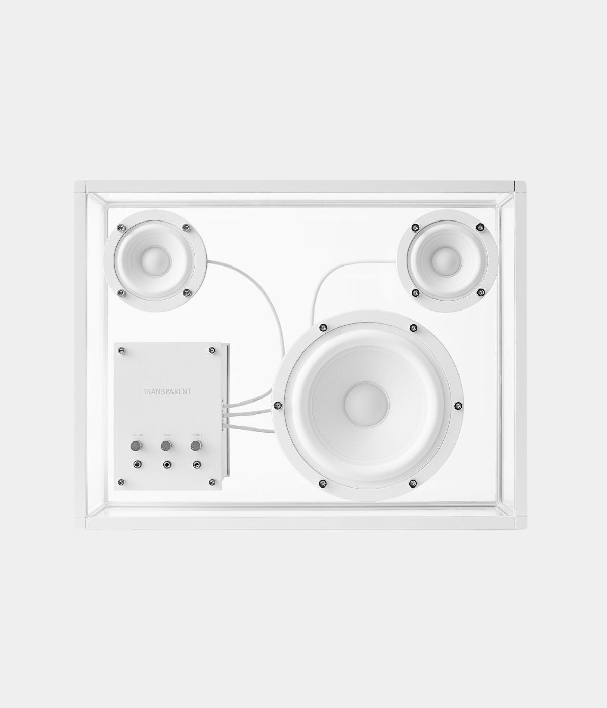Large Speaker in Weiß vor weißem Hintergrund. Das moderne, elegante Design des Lautsprechers wird durch das schlichte, monochrome Setting unterstrichen, wodurch die klaren Linien und die hochwertige Verarbeitung des Geräts im Fokus stehen. Die weiße Farbgebung sorgt für ein minimalistisches, stilvolles Erscheinungsbild, das ideal in moderne Wohnräume passt