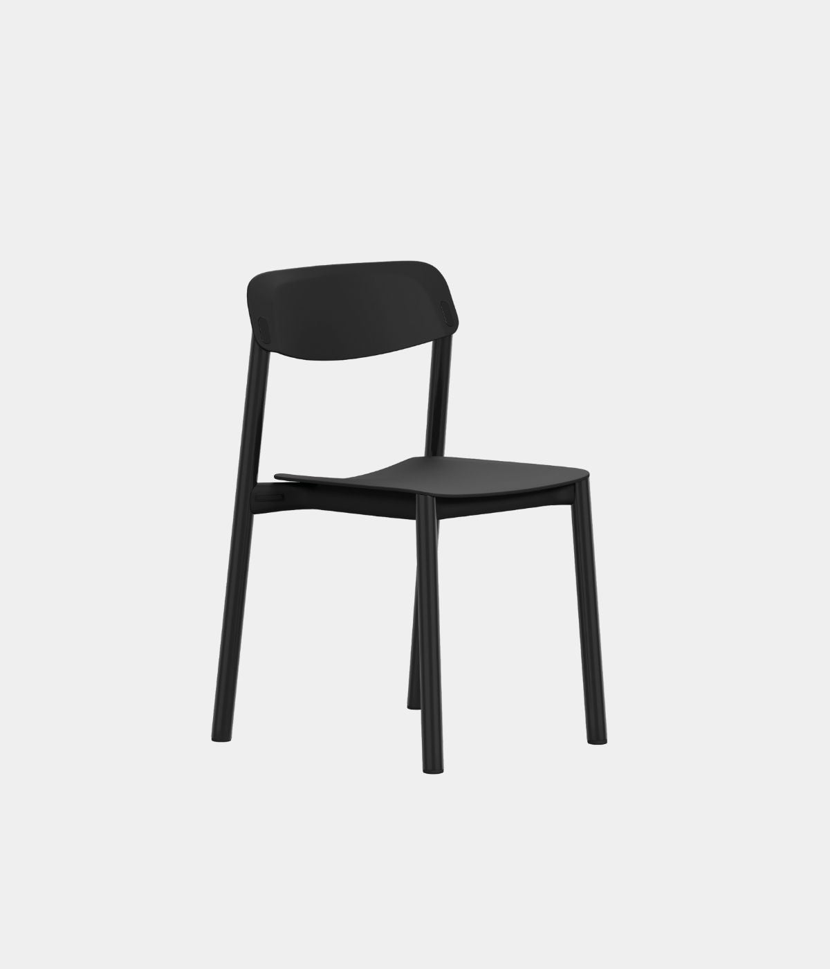 Penne Stuhl in Schwarz, leicht seitlich aufgenommen. Das klare, moderne Design des Stuhls wird durch die tiefschwarze Farbe betont, die ihm eine elegante und zeitlose Ausstrahlung verleiht. Die minimalistische Form und die schlichte Konstruktion machen ihn zu einem stilvollen Möbelstück für jedes moderne Zuhause oder Büro.
