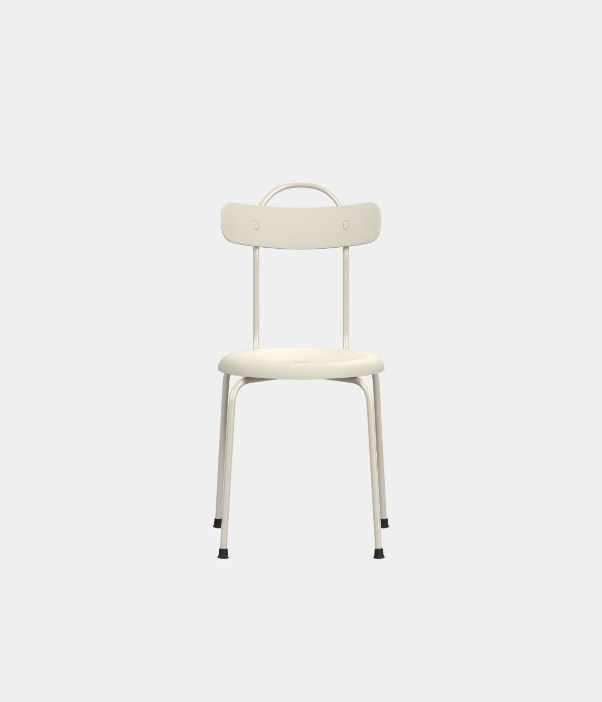 Taburett Plus Stuhl von Lammhults in Weiß von vorne vor schwarz-weißem Hintergrund. Das minimalistische Design mit klaren Linien wirkt zeitlos und wird durch den kontrastreichen Hintergrund betont