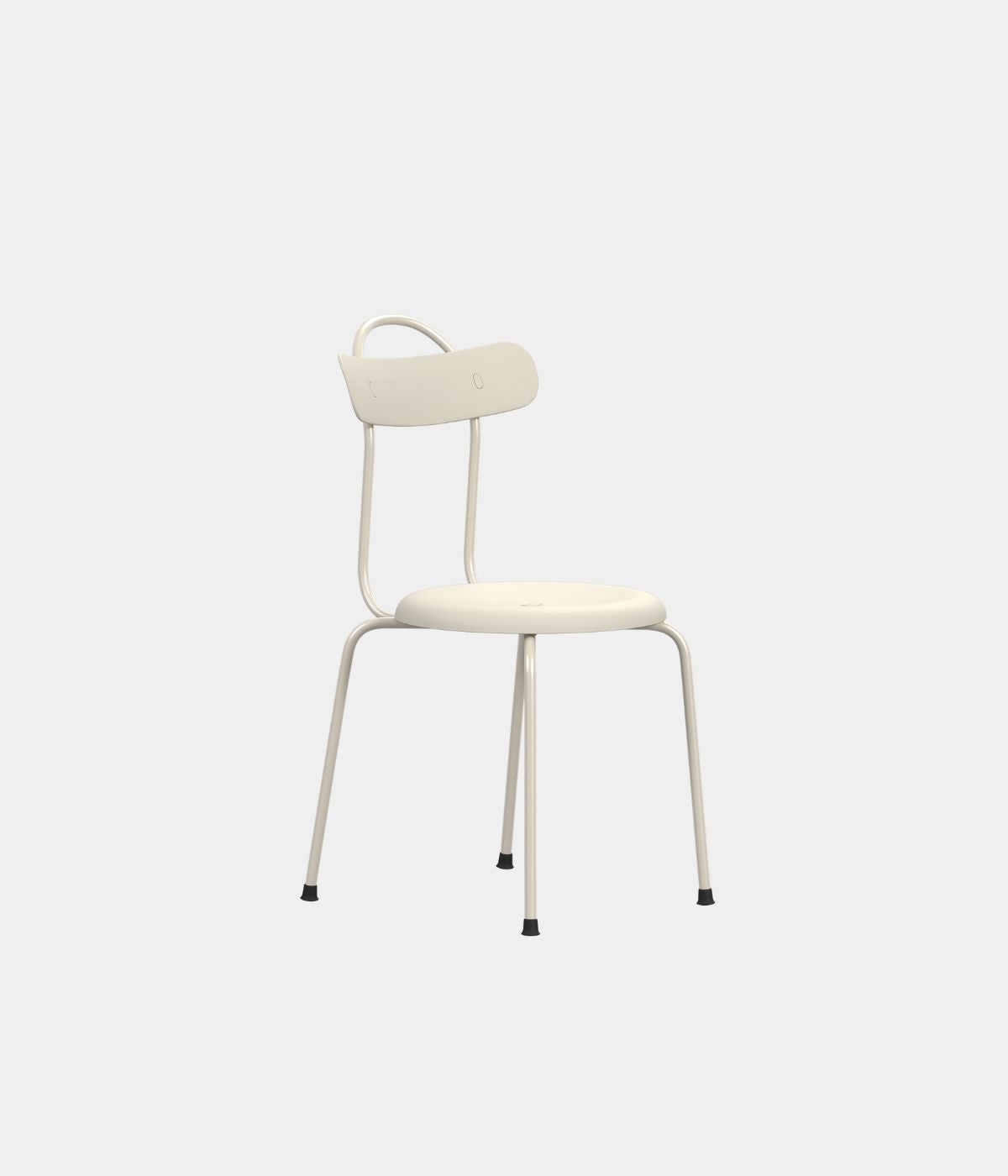 Taburett Plus Stuhl von Lammhults in Weiß, leicht seitlich aufgenommen vor schwarz-weißem Hintergrund. Das schlichte, moderne Design wirkt durch die helle Farbe und den kontrastreichen Hintergrund besonders elegant und klar.
